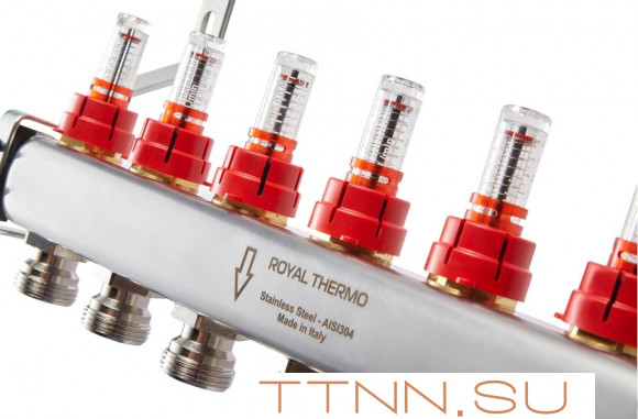 Для отопления Royal Thermo 1" ВР-3/4" НР, 12 выходов с расходомерами, нерж. (RTE 52.112) Для отопления Royal Thermo 1" ВР-3/4" НР, 12 выходов с расходомерами, нерж. (RTE 52.112)