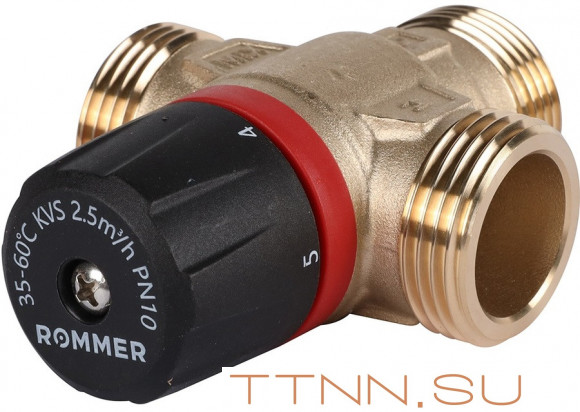 Смесительный клапан Rommer 1" НР 35-60°С KV 2,5 (RVM-0232-256025) боковое смешивание