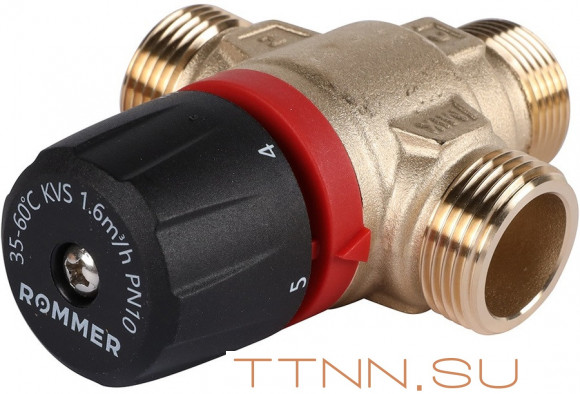 Смесительный клапан Rommer 3/4" НР 35-60°С KV 1,6 (RVM-0122-166020) боковое смешивание