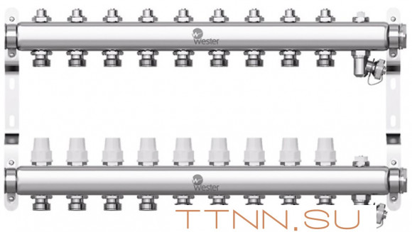 Коллектор нерж. для отопления Wester 1"-3/4 в сборе на 9 выходов с 2 заглушками Коллектор нерж. для отопления Wester 1"-3/4 в сборе на 9 выходов с 2 заглушками